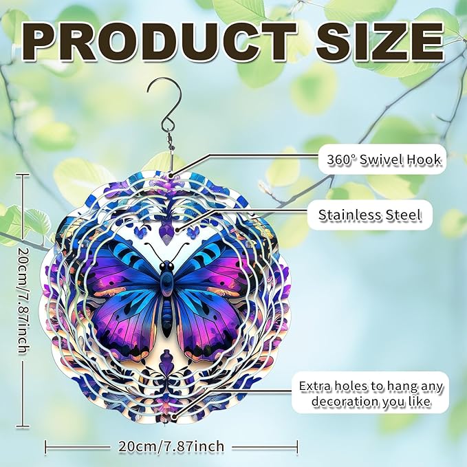 Butterfly Wind Spinners Outdoor, Hanging Wind Spinner for Garden Decoration, 8 inch 3D Stainless Steel Metal Wind Sculpture for Indoor/Outdoor Decor