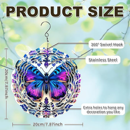 Butterfly Wind Spinners Outdoor, Hanging Wind Spinner for Garden Decoration, 8 inch 3D Stainless Steel Metal Wind Sculpture for Indoor/Outdoor Decor