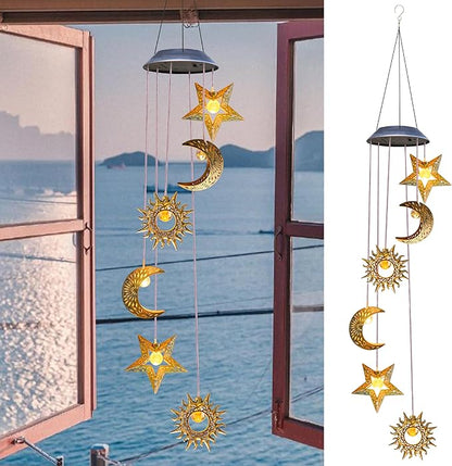 Solar Wind Chimes for Outside Lights Sun Moon Star Outdoor Hanging Decor Warm Lights Prefert Gifts for Mom Wife Outdoor Windchimes for Garden Yard Patio Christmas Birthday Mothers Day