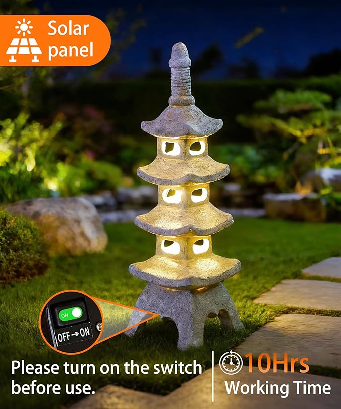 Nacome Solar Pagoda Garden Statues: 15.7 inches Multi-Layer Outdoor Waterproof Resin Zen Decor for Landscape Balcony Patio Porch Yard Ornament(Gray)