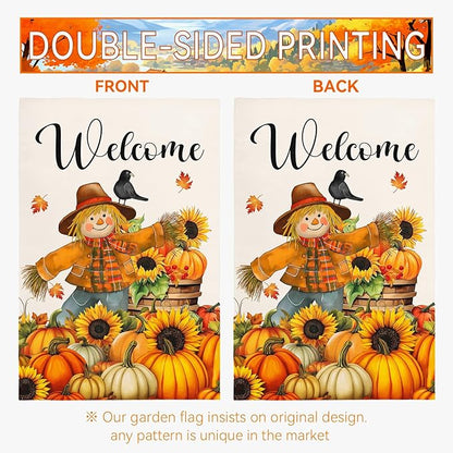 Fall Scarecrow Garden Flag Welcome Pumpkin Yard Flag Auttumn Suflower Bird Maple Leaves Garden Flags Thanksgiving Seasonal Farmhouse Rustic House Banner for Outside Patio Decor 12 x 18 Inch