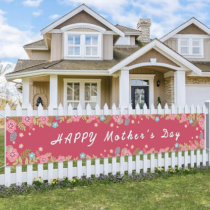 Probsin Large Happy Mother's Day Banner Decorations 120x20 Inch Mothers Day Yard Sign Holiday Hanging Outdoor Decor Pink Flowers Party Supplies for Indoor Outdoor Garden Fence Balcony Lawn Home Decor