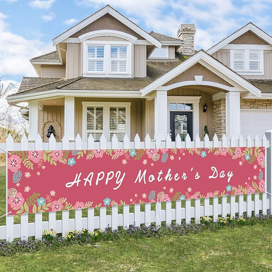 Probsin Large Happy Mother's Day Banner Decorations 120x20 Inch Mothers Day Yard Sign Holiday Hanging Outdoor Decor Pink Flowers Party Supplies for Indoor Outdoor Garden Fence Balcony Lawn Home Decor