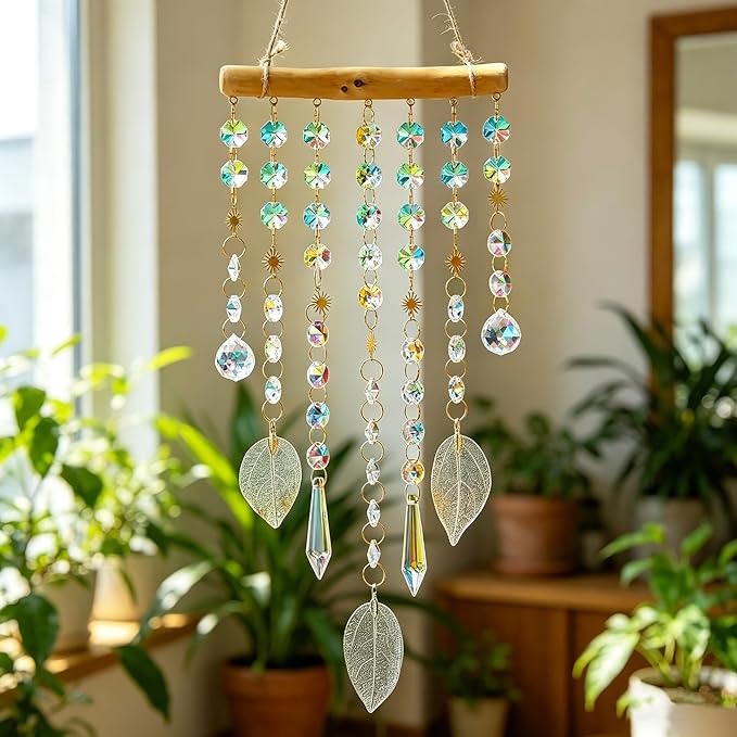 13.1 Inch Crystal Suncatcher with Natural Wood & Leaf Charms - Colorful Hanging Window Ornament for Christmas Tree
