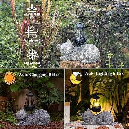 Solar Garden Statue with LED Lights - Cute Sleep Cat Sculpture, Waterproof Resin Ornament for Lawn, Patio, Yard, Balcony & Home Decor, Solar Powered Light for Outdoor and Indoor Spaces