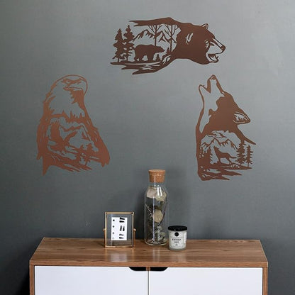J-Fly Metal Bear Wall Decor Eagle Wall Decor Wildlife Wall Art Rustic Cabin Decor Laser Cut Bear and Wolf Eagle For Living Room Valentine Bathroom etc Indoor & Outdoor Decor 3 Pack