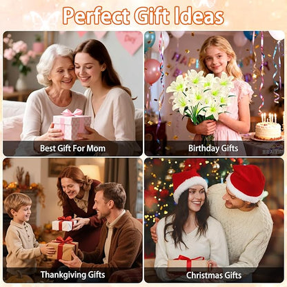 Solar Garden Lights 4 Pack 16 White Lily Flowers, Gifts for Mom Woman Birthday Outdoor Solar Flower Lights, Cemetery Flowers for Grave - Decorative Lilies for Yard, Patio, Pathway Decorations