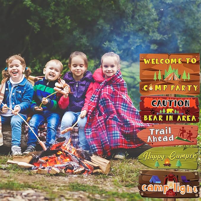 20 Pack Camping Themed Party Decorations Camping Party Directional Signs for Summer Camp Decor Welcome to Camp Birthday Supplies Classroom Wall Door Porch Yard Sign Photo Props Backdrop Supplies