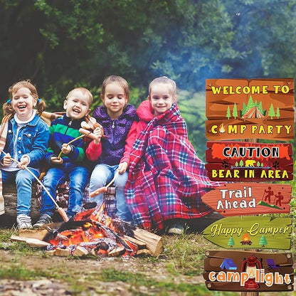 20 Pack Camping Themed Party Decorations Camping Party Directional Signs for Summer Camp Decor Welcome to Camp Birthday Supplies Classroom Wall Door Porch Yard Sign Photo Props Backdrop Supplies