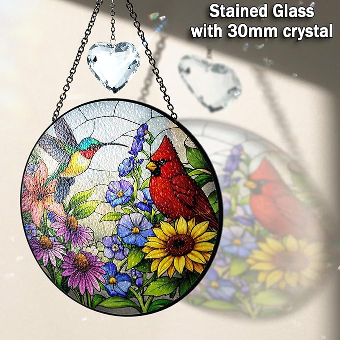 Personalized Hummingbird & Red Cardinal Stained Glass Suncatcher, Custom Birds Window Sun Catcher Hanging Decor, Cardinal Sun Catcher Indoor Window Art, Hummingbird Gift Ideas for Women, Mom, Grandma