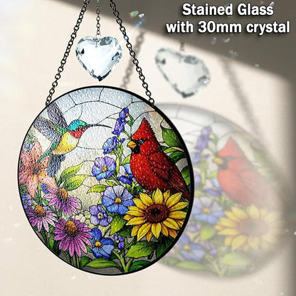 Personalized Hummingbird & Red Cardinal Stained Glass Suncatcher, Custom Birds Window Sun Catcher Hanging Decor, Cardinal Sun Catcher Indoor Window Art, Hummingbird Gift Ideas for Women, Mom, Grandma
