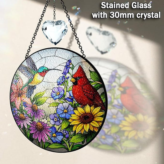 Personalized Hummingbird & Red Cardinal Stained Glass Suncatcher, Custom Birds Window Sun Catcher Hanging Decor, Cardinal Sun Catcher Indoor Window Art, Hummingbird Gift Ideas for Women, Mom, Grandma