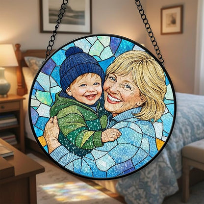 Personalized Grandma Stained Glass Sun Catcher, Custom Photo Window Hanging, Personalized Stained Glass, Gift for Grandma, Grandparents, Christmas, Birthday, Keepsake, Christmas Ornament, P4