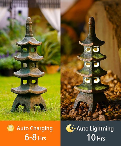 Nacome Solar Pagoda Garden Statues: 15.7 inches Multi-Layer Outdoor Waterproof Resin Zen Decor for Landscape Balcony Patio Porch Yard Ornament(Bronze)
