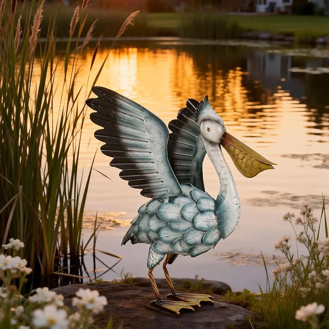 Metal Pelican Garden Staue, 18.5in Large Coastal Pelican Outdoor Yard Art Decor with Hand-Painted Blue & White Finish, Lifelike Bird Sculpture for Backyard Pond, Patio, Flowerbed or Home Decor