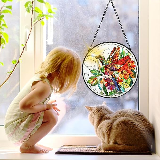 Bimkole Hummingbird Stained Glass Suncatcher Window Hanging - Flowers Design for Indoor Window or Doorway Decoration - 7.87x7.87 inch with Chain and Hook - Unique Home Decor Gift