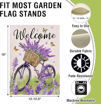 Artofy Welcome Spring Summer Bike Small Decorative Garden Flag, Bicycle Lavender Flower Floral Yard Lawn Outside Decor, Seasonal Butterfly Burlap Outdoor Home Decoration Double Sided 12 x 18