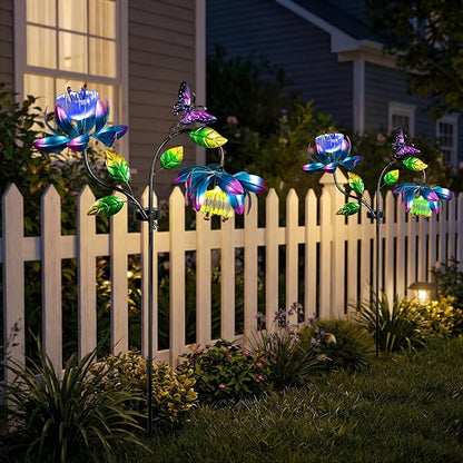 Solar Wind Spinner Outdoor Metal Garden Decor – 2-in-1 Kinetic Double Lotus Flower Stake with Glowing Fiber Optic Lights, Multi-Color Spinning Yard Art Sculpture for Patio, Lawn, and Pathway
