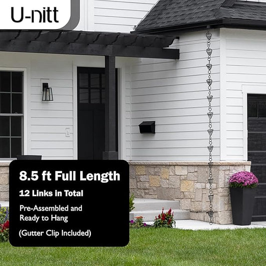 U-nitt Rain Chain Water Collection for Gutters Rainwater Catcher & Diverter, 8.5 FT Chains for Outside Garden, Black Bird Nest Cups, Roof Downspout, Works with Heavy Rain, Gutter Clip for Rainchains