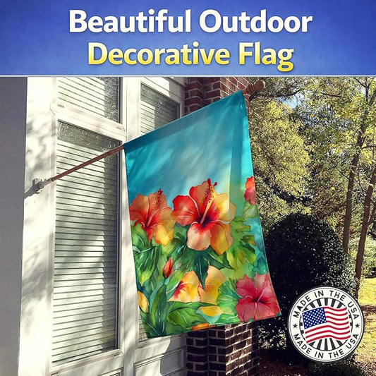 Caroline's Treasures Hawaii Hawaiian Hibiscus in Watercolor House Flag Large Porch Sleeve Pole Decorative Outside Yard Banner Artwork Wall Hanging, Polyester, House Size, Multicolor