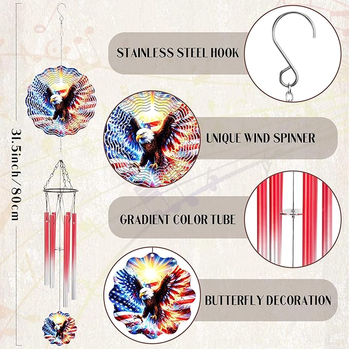 American Eagle Wind Chimes - Metal Flag Windchime with 3D Wind Spinners Outdoor Art Hanging for Garden Yard Patio Lawn Balcony Indoor Home 250 Anniversary Patriotic Decor Gift for Friends