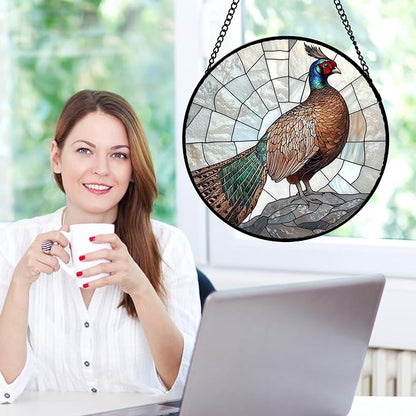 CHATYOUNG Stained Glass Window Hanging Peacock 9.8" - Birds Suncatcher Door Garden Home Decor and Christmas Valentine for Grandma Nana Mom Women Wife Men Bird Lovers