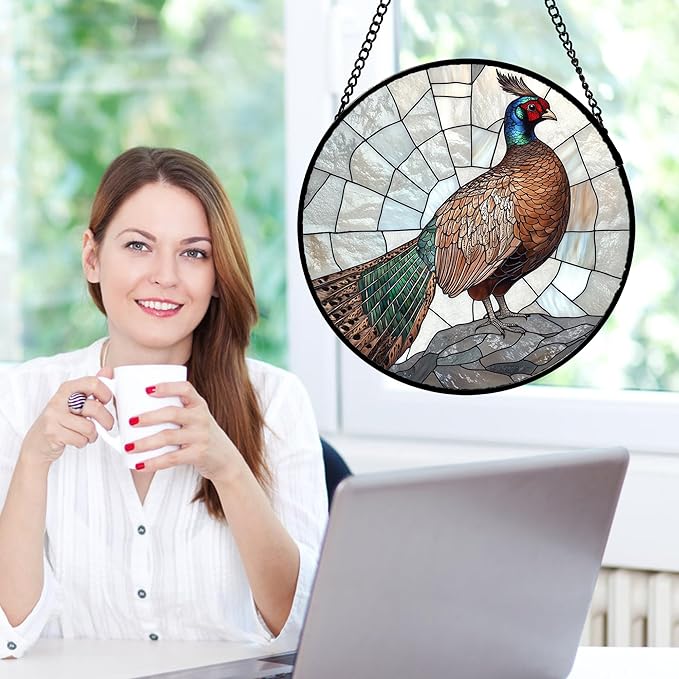 CHATYOUNG Stained Glass Window Hanging Peacock Large 15" - Birds Suncatcher Door Garden Home Decor and Christmas Valentine for Grandma Nana Mom Women Wife Men Bird Lovers
