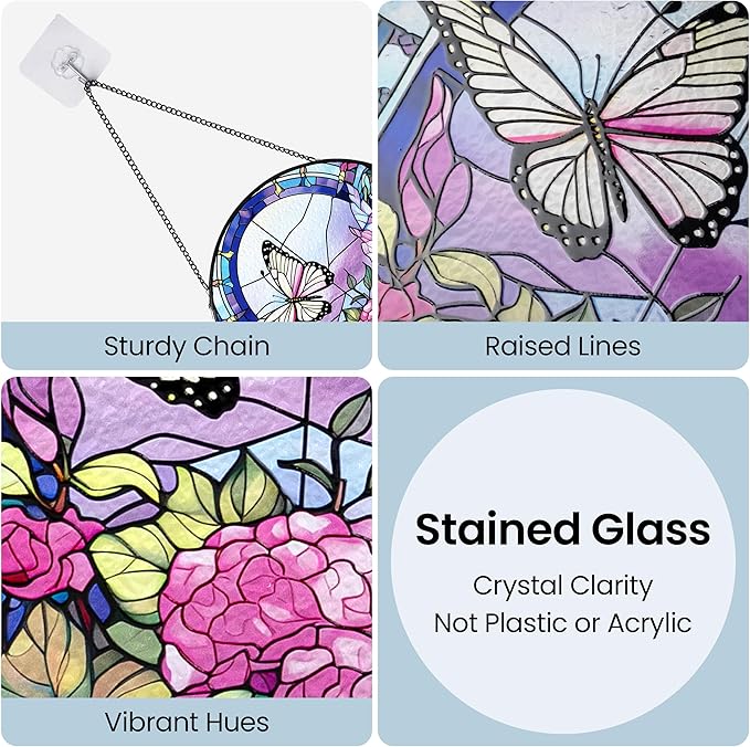 AELS Stained Glass 7.87" Round Suncatcher, Colorful Sun Catcher for Home Garden Window Decor, Window Hanging Ornament Gift for Friends and Family, Butterfly