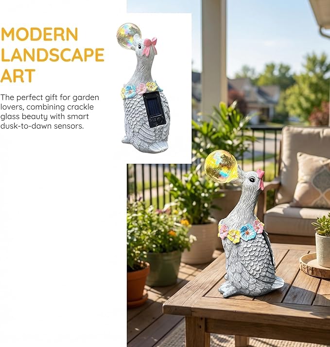 Solar Garden Duck Statue with LED Lights, Waterproof Outdoor Decor for Patio Lawn Yard, Cute Resin Duck Ornament with Unique Bubble Design, Ideal Gift for Women Mom-Gary