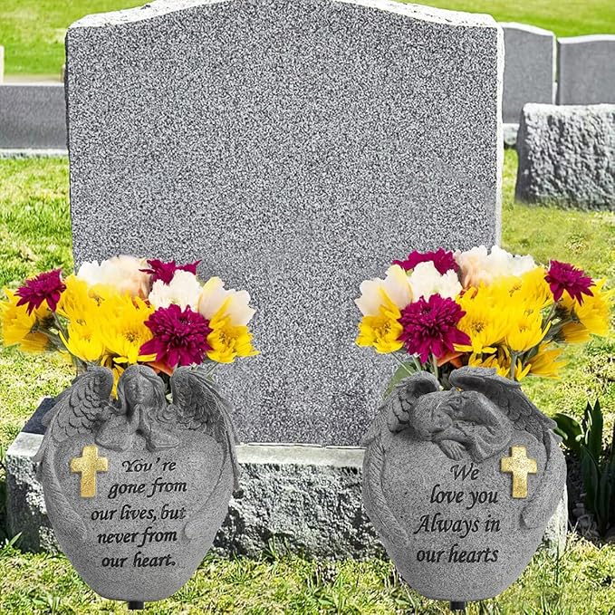 Angel and Cross Cemetery Grave Memorial Vases，Cemetery Flowers for Grave,Grave Decorations for Cemetery，Set of 2 Cemetery vases with Spikes,Memorial Gifts for Loss of Loved (2gary)