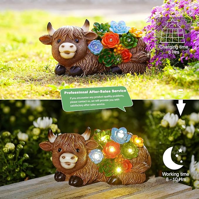 Highland Cow Garden Statues with Succulent: Outdoor Decor with Lights for Patio Balcony Yard Ornament - Unique Gifts for Mom Grandman Woman(Brown)