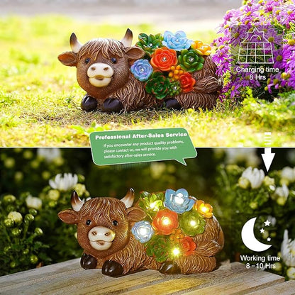 Highland Cow Garden Statues with Succulent: Outdoor Decor with Lights for Patio Balcony Yard Ornament - Unique Gifts for Mom Grandman Woman(Brown)