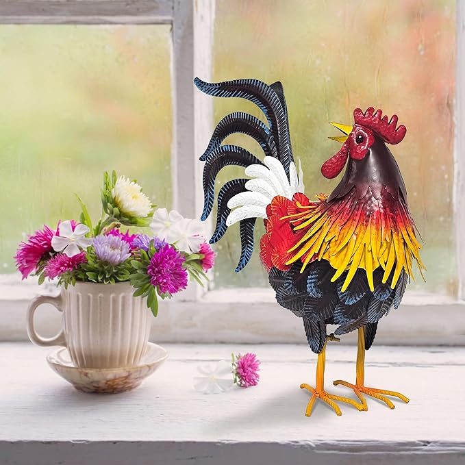 Hand-Painted Lifelike Metal Rooster Weather-Resistant Outdoor Garden Statue, Indoor/Outdoor Decor, Gift-Ready Centerpiece