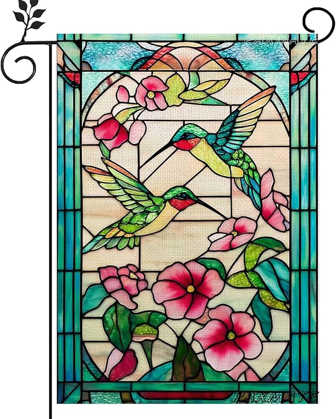 Spring Summer Hummingbird Garden Flag 12x18 Inch Double Sided, Stained Glass Floral Garden Flag for Outside, Colorful Flower Yard Flag Seasonal Outdoor Farmhouse Decor