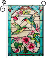 Spring Summer Hummingbird Garden Flag 12x18 Inch Double Sided, Stained Glass Floral Garden Flag for Outside, Colorful Flower Yard Flag Seasonal Outdoor Farmhouse Decor