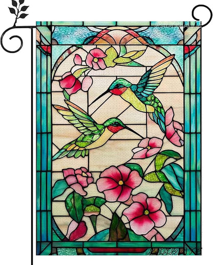 Spring Summer Hummingbird Garden Flag 12x18 Inch Double Sided, Stained Glass Floral Garden Flag for Outside, Colorful Flower Yard Flag Seasonal Outdoor Farmhouse Decor
