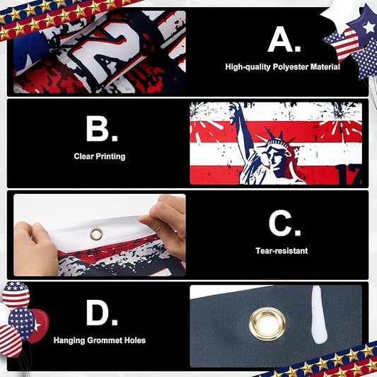 Chumia 5 Pcs USA 250th Anniversary Decoration Set Include 4 Patriotic Fan Banners 1 Large Fence Banner 1776-2026 Semiquincentennial Outdoor Bunting for 4th of July, Memorial Day, Patriotic Party Decor