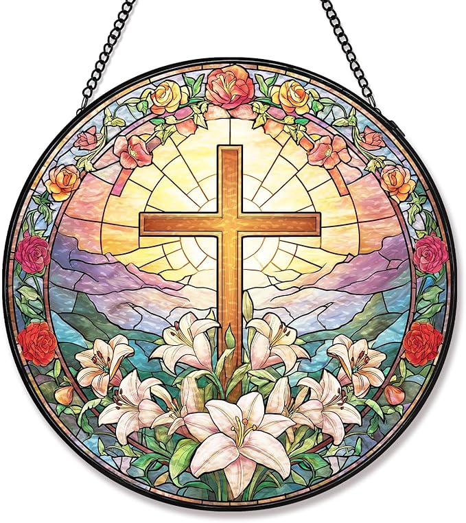 Stained Glass Sun Catcher Window Hanging - Jesus Easter Lily Flower Design, Well Made Indoor Home Decor | Perfect Christian Gifts for Mother's Day, Birthday, Christmas for Women, Mom (Sun) 7.8in