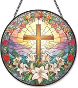 Stained Glass Sun Catcher Window Hanging - Jesus Easter Lily Flower Design, Well Made Indoor Home Decor | Perfect Christian Gifts for Mother's Day, Birthday, Christmas for Women, Mom (Sun) 7.8in