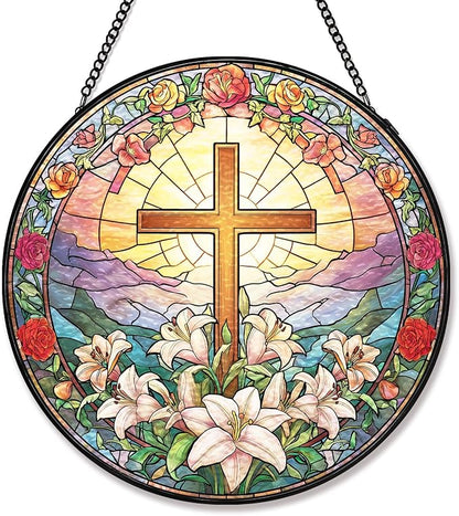 Stained Glass Sun Catcher Window Hanging - Jesus Easter Lily Flower Design, Well Made Indoor Home Decor | Perfect Christian Gifts for Mother's Day, Birthday, Christmas for Women, Mom (Sun) 7.8in