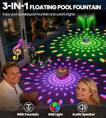 Luxfero 3 in 1 Floating Pool Fountain with Pool Speaker & Lights,2026 New Rechargeable Pool Fountain,Floating Bluetooth 5.4 Speaker IP68 Waterproof,Above Ground Pool Water Fountain with Anchor-White