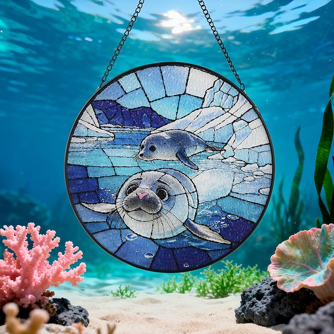 Stained Glass Window Hanging, Seal Circular Painted Glass Suncatcher with Chain & Suction Cup for Home Garden Door Decor, Birthday for Women Men Mom 7.8 in