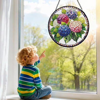 Stained Glass Window Hanging, Blue Hydrangea Flower Stained Glass Suncatcher, Window Decor, Hydrangea Plant Lover Gift for Women, Couples, Best Friend, Family, Colleague, Classmate 7.8 Inch