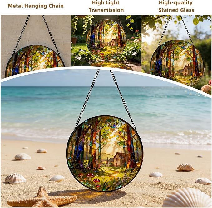 7.8 Inch Stained Glass Window Hanging, Forests and Trees Sun Catchers Glass Panel Green Suncatcher Decor for Birthday for Women, Men, Wife, Aunt, and Mom