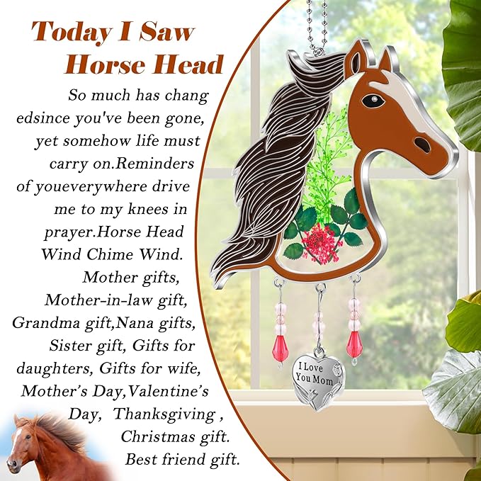 KY&BOSAM Suncatcher Horse Head Glass Hand-Painted I Love You Mom Suncatchers Ornament hangings Wind Chime with Pressed Flower Horse Embedded in Glass Window Mother`s Day Birthdays…