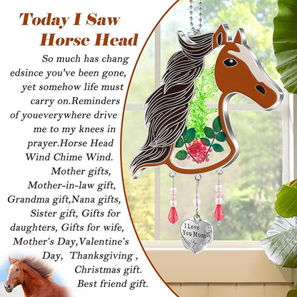 KY&BOSAM Suncatcher Horse Head Glass Hand-Painted I Love You Mom Suncatchers Ornament hangings Wind Chime with Pressed Flower Horse Embedded in Glass Window Mother`s Day Birthdays…