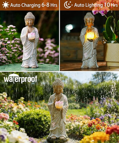 Nacome Solar Buddha Garden Statue Decor: Resin Zen Decor Waterproof Sitting Figurine with Lotus Flower Light Design for Outside Patio Lawn Yard Balcony - 11 inches(White)