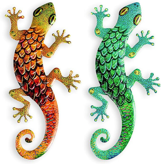 Pipilily 2 Pack Metal Gecko Wall Art, Metal Lizard Indoor Outdoor Hanging Sculpture Decor for Garden Yard Living Room Bedroom Patio Balcony (Style 3)