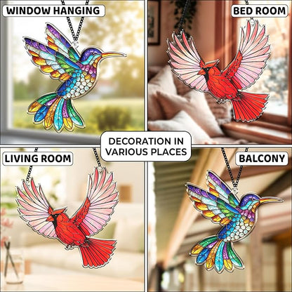 2 Cardinal Hummingbird Acrylic Suncatchers, 6" Bird Window Hanging Ornaments, Fall Decorations for Home Window Door, Birthday Christmas Bird Lover Gifts for Women, Friends, Memorial Keepsake SS351
