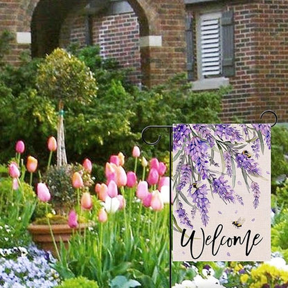 Welcome Spring Lavender Decorative Garden Flag, Purple Floral Flowers Bee Yard Outside Decorations, Summer Farmhouse Outdoor Small Home Decor Double Sided 12 x 18